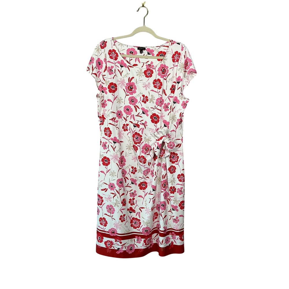 Talbots Womens XL Floral Sheath Dress Red Pink White Side Tie Short Sleeve